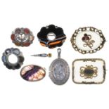 SEVEN VICTORIAN AND LATER  SILVER AND OTHER   BROOCHES, INCLUDING A BLUE JOHN EXAMPLE, TWO SET