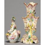 A COALPORT COALBROOKDALE FLORAL ENCRUSTED DRESDEN BOTTLE AND A STOPPER, C1830, PAINTED WITH FLORAL