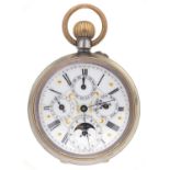 A SWISS GUNMETAL KEYLESS CYLINDER CALENDAR WATCH, C1900, THE ENAMEL DIAL WITH LUNAR SECONDS AND