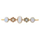 A VICTORIAN OPAL AND SPLIT PEARL BAR BROOCH, IN GOLD, C1900, 41CM L, UNMARKED, 3.4G Small solder