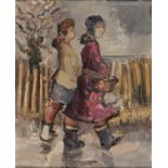 JOHN OWEN (1928- ) - GYPSY GIRLS SAVING THE BUS FARE TO RYE, SIGNED, INSCRIBED VERSO, OIL ON