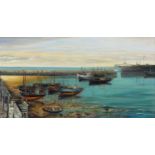 JILL CROOK (FL MID 20TH CENTURY) - FOLKESTONE HARBOUR,  SIGNED OIL ON BOARD, 38.5 X 74CM Good