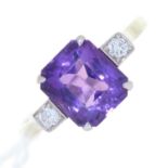 AN AMETHYST AND DIAMOND THREE STONE  RING, IN WHITE GOLD MARKED 18CT PT, 2.6G,  SIZE K Good