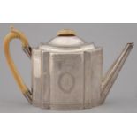 A GEORGE III SILVER TEAPOT, STRAIGHT SIDED WITH DOMED LID AND INTEGRAL HINGE, ENGRAVED BORDERS,