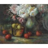 20TH CENTURY SCHOOL - STILL LIFE WITH FLOWERS AND FRUIT, INDISTINCTLY SIGNED, OIL ON BOARD, 52 X
