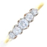 A DIAMOND FIVE STONE RING, WITH OLD CUT DIAMONDS, GOLD HOOP  MARKED 18CT PLAT,  2.4G, SIZE K½,