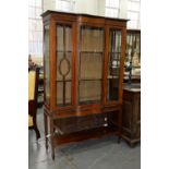 AN EDWARDIAN MAHOGANY AND INLAID CHINA CABINET, WITH SERPENTINE CENTRE, C1910, ON SQUARE TAPERED