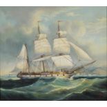 A 20TH CENTURY PAINTED REPRODUCTION OF AN EARLY 19TH C SHIP PORTRAIT, BEARS SIGNATURE, 39 X 44CM,