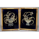 A PAIR OF CHINESE EMBROIDERED SILK AND METAL THREAD PICTURES OF FLOWER FILLED VESSELS, 19TH /