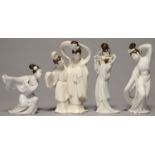 A SET OF THREE CHINESE BLANC DE CHINE STYLE, PARTLY BISCUIT, FIGURES OF MUSICIANS AND DANCERS AND