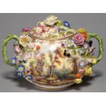 A MINTON GLOBE POT POURRI JAR AND COVER, C1850, ENCRUSTED WITH FLOWERS GROWING FROM THE RUSTIC