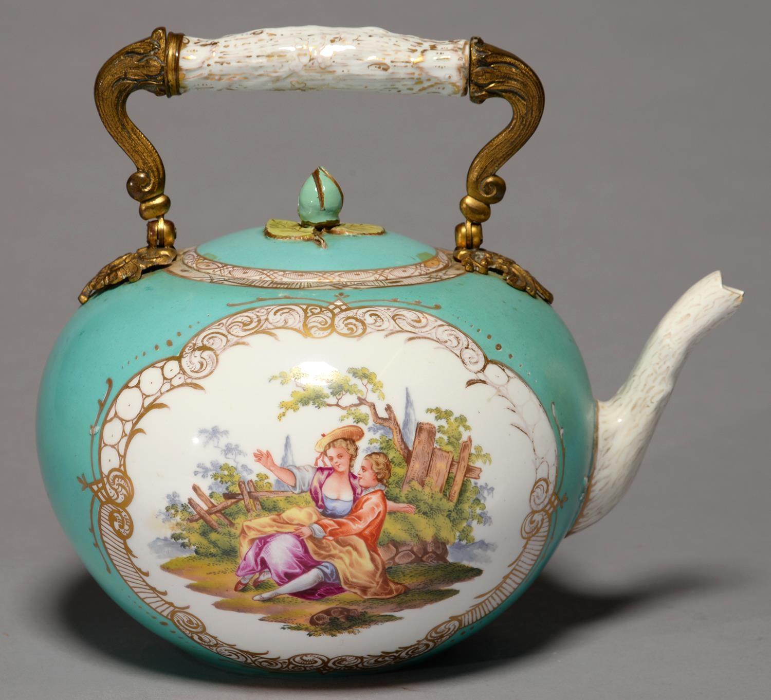 A MEISSEN TURQUOISE GROUND GLOBULAR TEA KETTLE AND COVER, LATE 19TH C, MOUNTED WITH ORMOLU SWING - Image 2 of 2