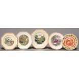 FIVE VICTORIAN MOULDED EARTHENWARE CHILDREN'S PLATES, MID 19TH C, PRINTED IN RED, PUCE OR SEPIA