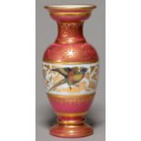 A FRENCH ENAMELLED AND GILT GLASS VASE, C1850, OF OPAL GLASS CASED IN PINK, THE CENTRAL BAND PAINTED