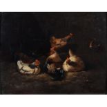 AFTER EUGENE REMY MAES - HENS IN A BARN, BEARS SIGNATURE AND DATE, OIL ON PANEL, 19CM X 24CM