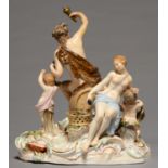 A MEISSEN GROUP OF A BACCHANAL, C1870, CENTRED BY BACCHUS ASTRIDE A BARREL, TAPPED BY A PUTTO, A