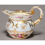 A COALPORT CREAM JUG, C1820, MOULDED WITH C SCROLLS AND FLOWERS ON A LAVENDER BLUE BAND BETWEEN