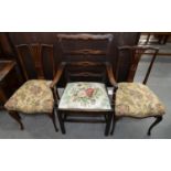 A PAIR OF EDWARDIAN MAHOGANY BEDROOM CHAIRS C1910, WITH PIERCED SPLAT AND A 19TH C ELM LADDER BACK