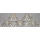 A SET OF FIVE CRIZZLED GLASS ELECTRIC PENDANT SHADES, EARLY 20TH C, OF FRILLED FORM, FLANGE 8CM DIAM