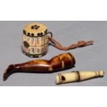 A VICTORIAN STAINED BONE LADY'S LEG NOVELTY TOBACCO PIPE TAMPER, 55CM H, A CARVED BONE BARREL SHAPED