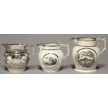 A SILVER RESIST PEARLWARE JUG AND TWO CONTEMPORARY BAT PRINTED SILVER LUSTRE JUGS, C1820, 11.5-13.