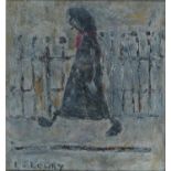 FOLLOWER OF L S LOWRY - FIGURE WALKING, BEARS SIGNATURE AND INSCRIPTION VERSO, OIL ON BOARD, 25 X