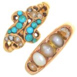 A VICTORIAN TURQUOISE  AND SPLIT PEARL OPENWORK RING, C1870, IN GOLD  AND A VICTORIAN SPLIT PEARL