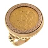 GOLD COIN.  HALF SOVEREIGN 1912 SET IN A 9CT GOLD RING, 9.3G, SIZE  P Slight wear