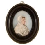 19TH CENTURY SCHOOL - PORTRAIT MINIATURE OF A LADY IN WHITE DRESS, SHAWL AND LACE CAP, SKY