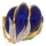 A DIAMOND AND GOLD AND TRANSLUCENT ENAMEL COCKTAIL RING,  MARKED Kt 8, 12.8G, SIZE P Good condition,