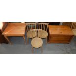 A SET OF SIX ASH KITCHEN CHAIRS WITH ROUND LAMINATED SEAT, A CHEF'S TABLE, ETC Good second hand