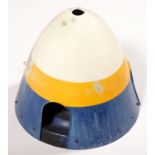 A BLUE, YELLOW AND WHITE PAINTED ALUMINIUM AIRCRAFT NOSE CONE, 42CM H Paint worn