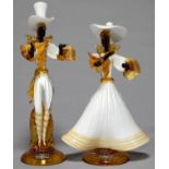 A PAIR OF MURANO GLASS STATUETTES, 1960'S / 70'S,  WHITE, BLACK AND AMBER GLASS ON DOMED FOOT, 39