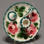 A ROBERT HERON & SONS WEMYSS WARE DUCHESS CHAMBERTSICK, C1900, PAINTED WITH ROSES, 16CM DIAM