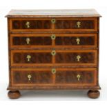 AN OYSTER VENEERED OLIVE WOOD CHEST OF DRAWERS, EARLY 18TH C, WITH HOLLY CROSSBANDS, THE RECTANGULAR