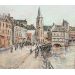 FRENCH (?) SCHOOL, EARLY 20TH CENTURY - RIVERSIDE TOWN SCENE, INDISTINCTLY SIGNED, OIL ON CANVAS