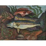 JOHN EDWARD BARKER (1889-1953) - FISH, SIGNED AND DATED 1951, OIL ON CANVAS, 39.5 X 49.5CM Good