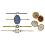 THREE GOLD BAR BROOCHES, EACH GEM SET, ONE WITH OPAL DOUBLET, A SMALLER BAR BROOCH AND A PAIR OF