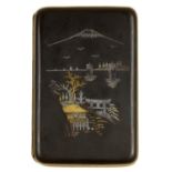 A JAPANESE INLAID METAL CIGARETTE CASE, 20TH C, DECORATED IN GOLD AND SILVER ALLOYS WITH A LANDSCAPE