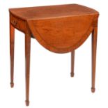 AN EDWARDIAN SATINWOOD AND AMBOYNA PEMBROKE TABLE, C1910 IN GEORGE III STYLE, THE OVAL TOP ON SQUARE