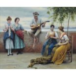 A MODERN ACRYLIC REPRODUCTION PAINTING OF A YOUTH AND FOUR GIRLS, BEARS SIGNATURE AND DATE,