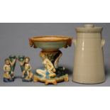 A SALTGLAZED STONEWARE CHURN AND COVER, WITH SHOULDER HANDLES, EARLY 20TH C, 44CM H AND A