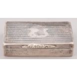 A VICTORIAN SILVER SNUFF BOX, ENGINE TURNED WITH FOLIATE CHASED THUMBPIECE, 40 X 70MM, BY CRONIN &