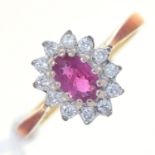 A  RUBY AND DIAMOND CLUSTER RING, IN 18CT GOLD, LONDON 1986, 2.9G, SIZE J Good condition