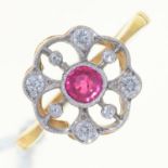 A RUBY AND DIAMOND OPEN CLUSTER RING, GOLD HOOP MARKED 18CT, 2.4G, SIZE L Good condition