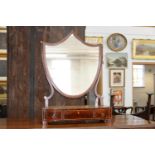 A GEORGE IV MAHOGANY AND LINE INLAID DRESSING MIRROR, EARLY 19TH C, WITH SHIELD SHAPED PLATE, THE