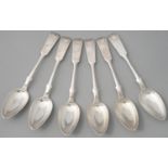 A SET OF SIX SWEDISH SILVER DESSERT SPOONS, FIDDLE & SHELL PATTERN, INITIALLED RB, MAKER BN, 1869,