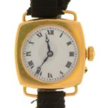 AN 18CT GOLD CUSHION SHAPED LADY'S  WRISTWATCH, WITH THREE QUARTER PLATE MOVEMENT AND WIRE LUGS, THE
