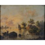 DUTCH SCHOOL, 18TH C - SUNSET ON A RIVER WITH FIGURE TO FORE, OIL ON PANEL, 14 X 18CM Old repair