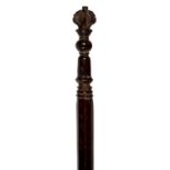 AN UNUSUAL MAHOGANY STAINED AND CARVED WOOD WALKING CANE, 18TH C, WITH MACE HEAD POMMEL, 90CM